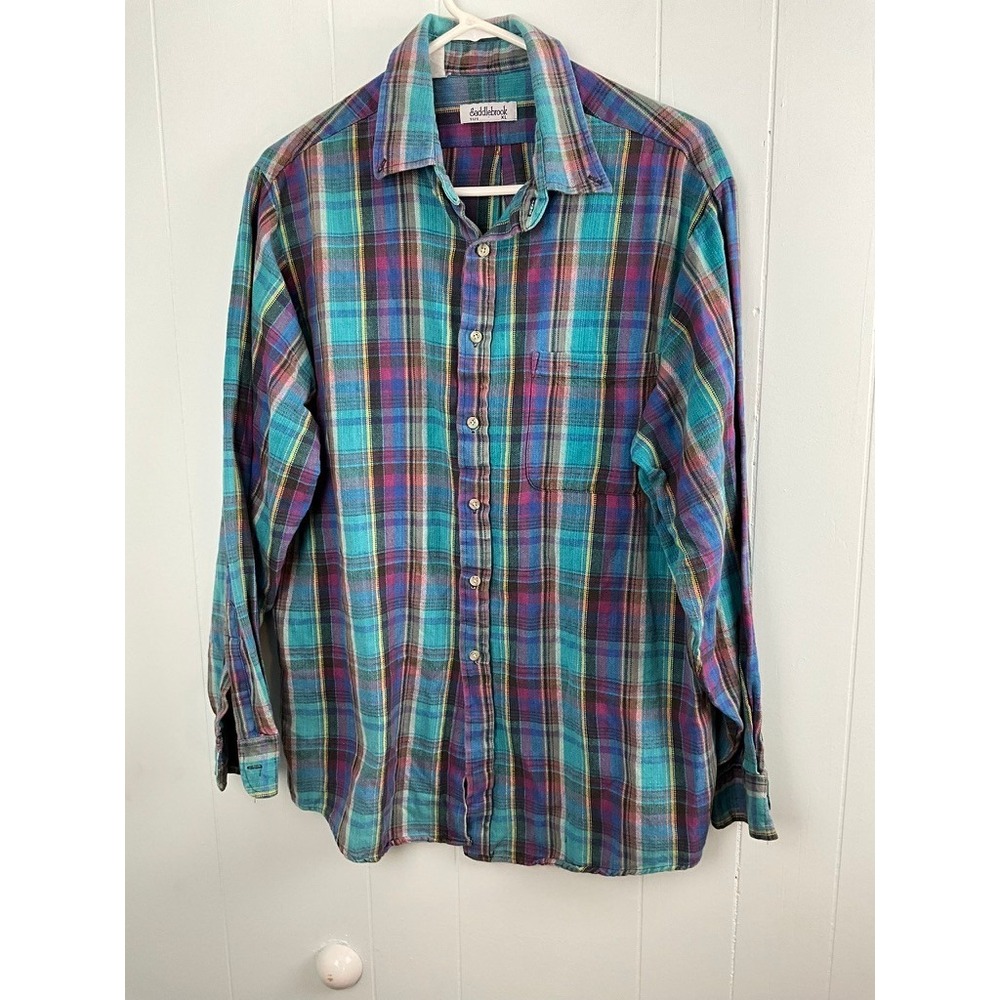 Saddlebrook Mens XL Vintage 90s Plaid Flannel Shirt Teal Purple Multi Color